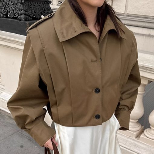 Khaki Lapel Simple Single-breasted Coat - Image 6