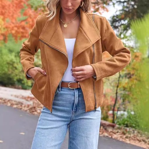 Fashion Casual Short Motorcycle Suede Jacket - Image 8