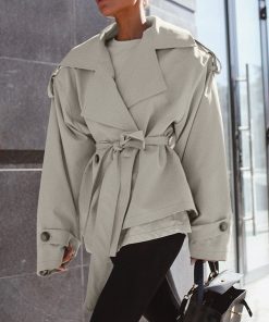 Loose Waistband Long Sleeve Trench Coat Casual Jacket