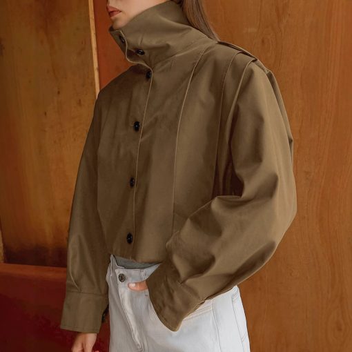 Khaki Lapel Simple Single-breasted Coat - Image 4